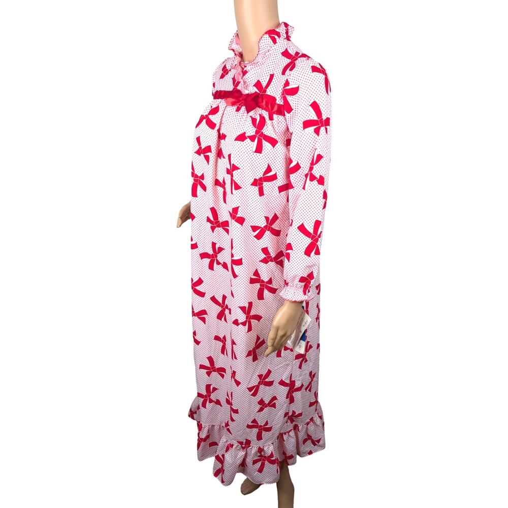 VTG NWT Her Majesty Red White Bow Star Fleece Nightgown Petite XS/S Coquette - Picture 6 of 11